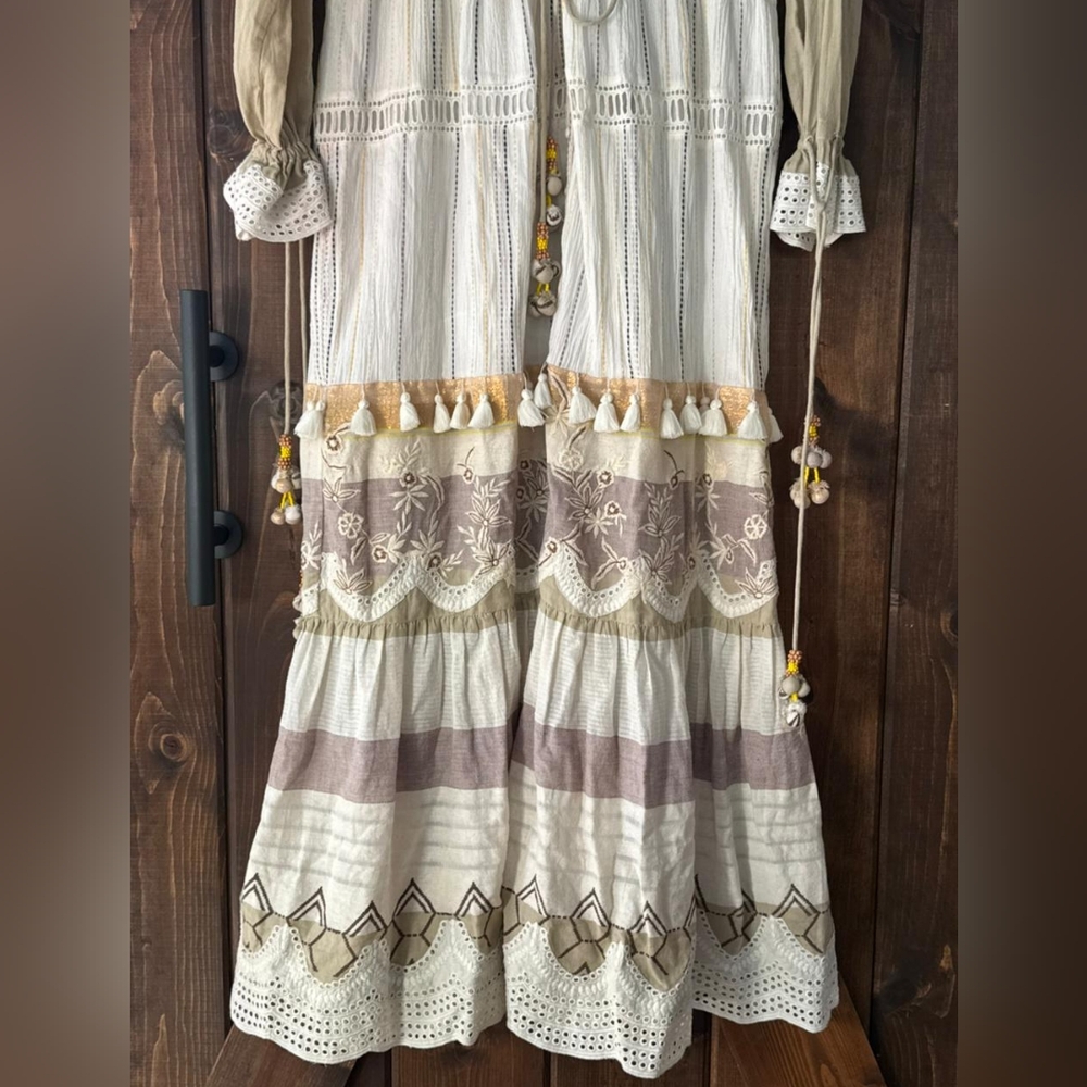 Hemant & Nandita Cream Embroidered Bohemian Maxi Dress with Tassels 100% Cotton - Picture 4 of 6